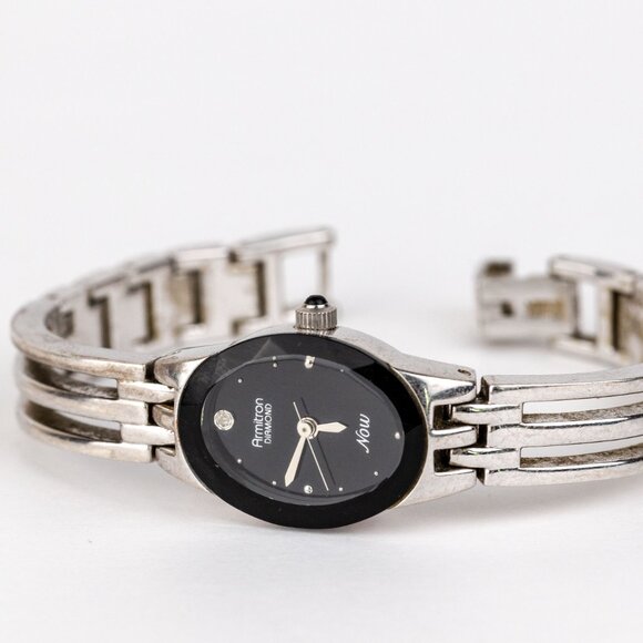 Vintage Armitron Now Diamond Watch - 90s Silver Tone Bangle Bracelet  Black Dial main image 6